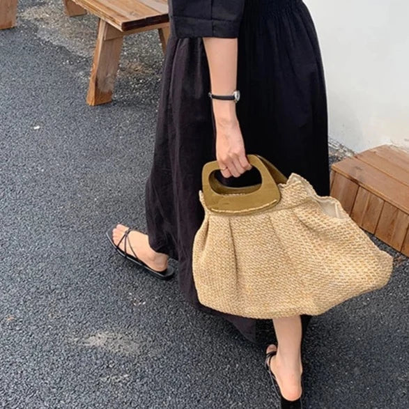 Vintage Wooden Handle Big Straw Tote Bag