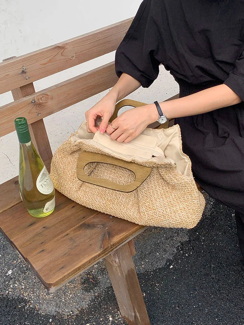 Vintage Wooden Handle Big Straw Tote Bag