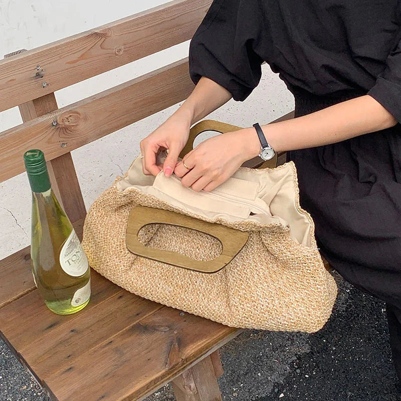 Vintage Wooden Handle Big Straw Tote Bag