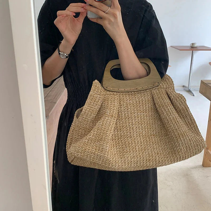 Vintage Wooden Handle Big Straw Tote Bag