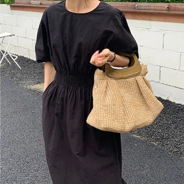 Vintage Wooden Handle Big Straw Tote Bag