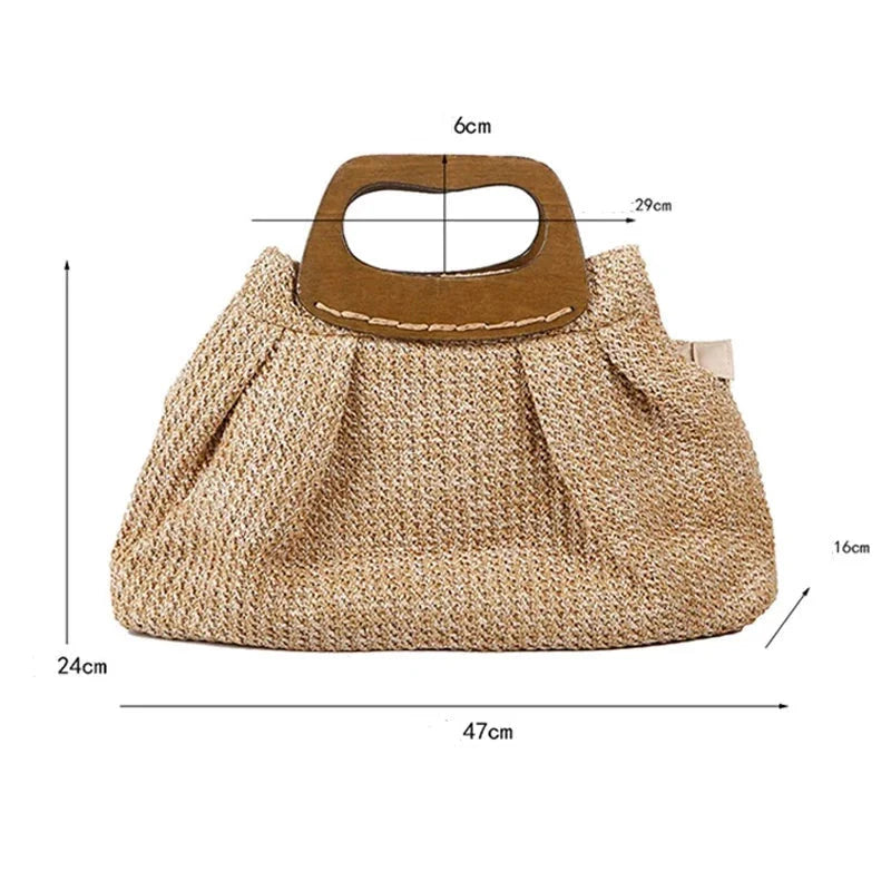 Vintage Wooden Handle Big Straw Tote Bag