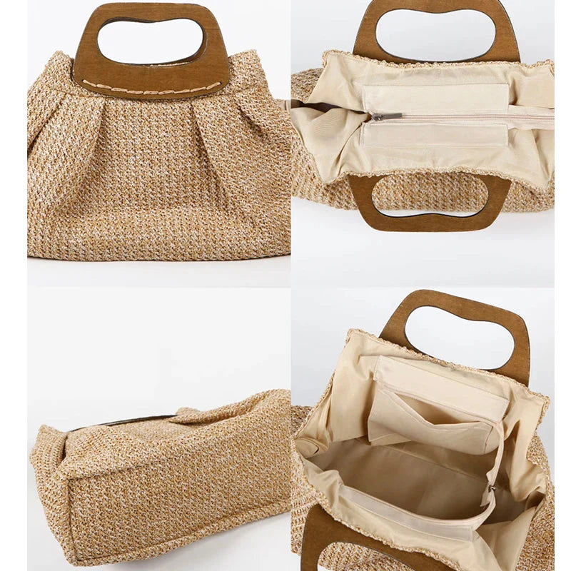 Vintage Wooden Handle Big Straw Tote Bag