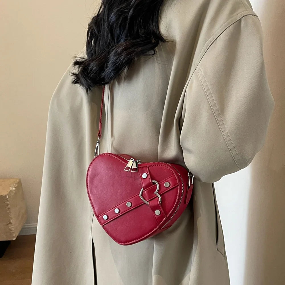 Vintage Y2K Small Chain Rivet Heart Shaped Red PU Leather Bag