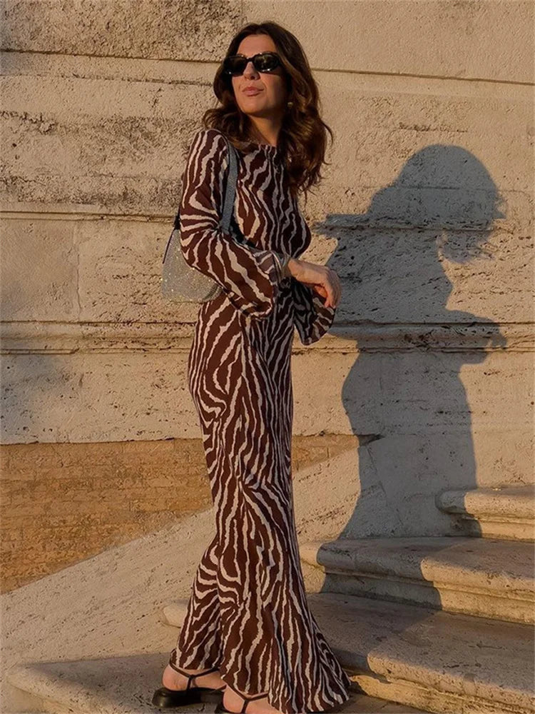 Autumn Long Sleeve Zebra Print Bodycon Maxi Dress