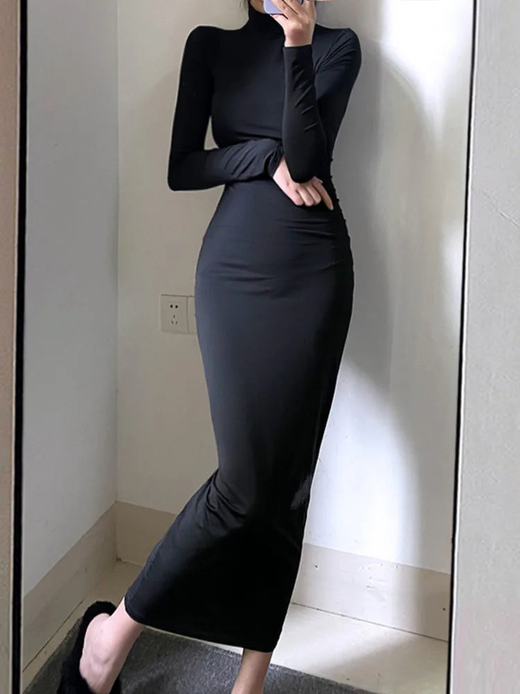 Korean Slim Stand Collar Black Maxi Dress