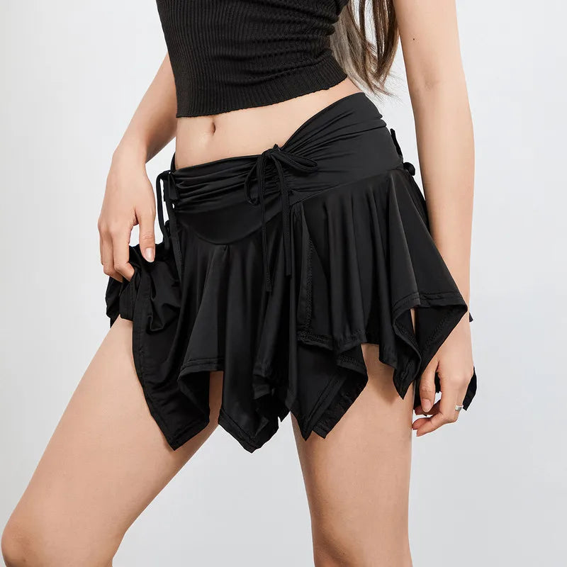 Gothic Irregular Solid Color Drawstring Tie-Up Ruched Ruffles Mini Summer Skirt