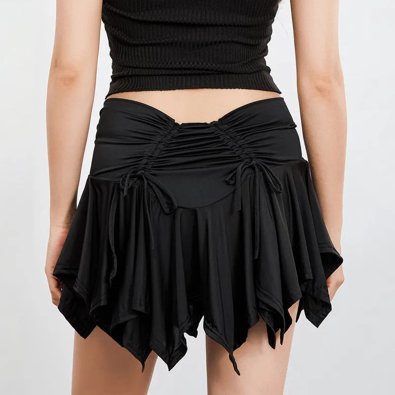 Gothic Irregular Solid Color Drawstring Tie-Up Ruched Ruffles Mini Summer Skirt