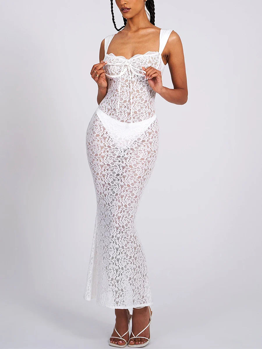 Elegant See-Through Backless Wedding Lace Dress