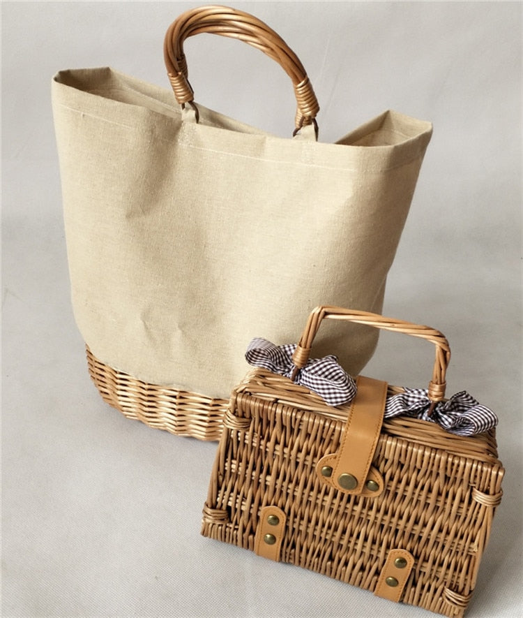 Wicker Handle & Bottom Canvas Tote