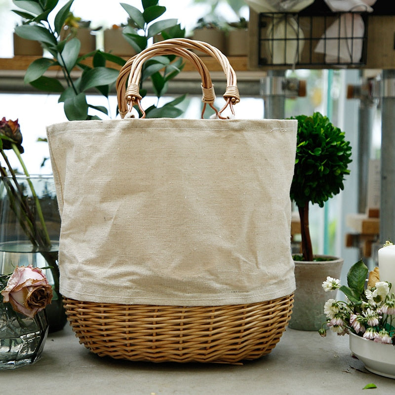 Wicker Handle & Bottom Canvas Tote