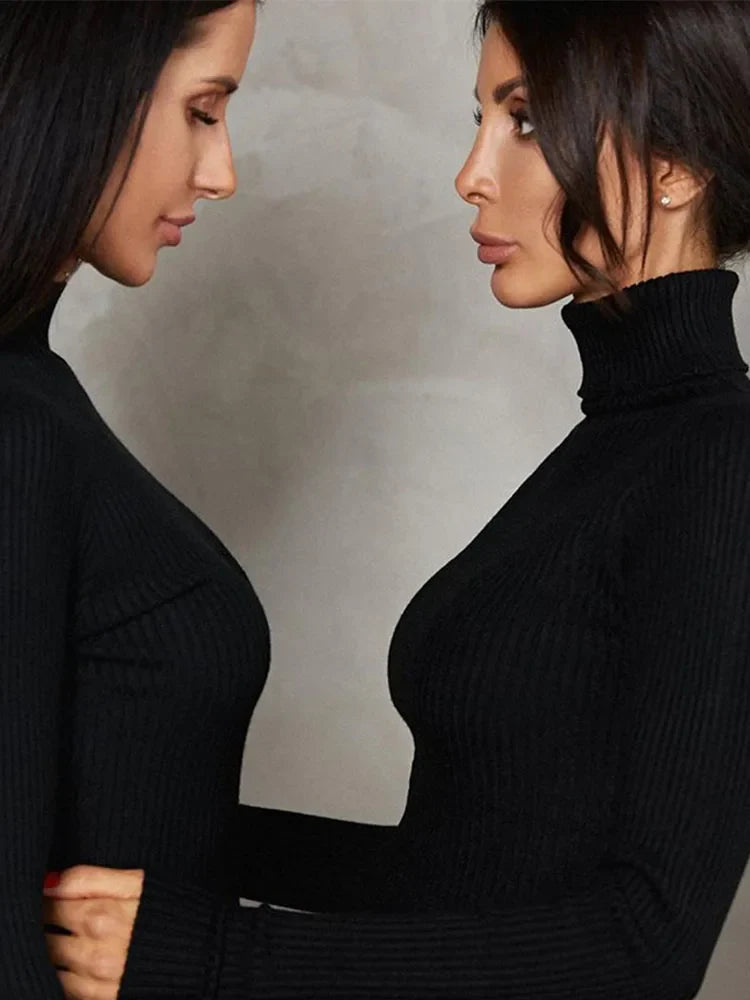 Elegant Spring Turtleneck Knitted Ribbed Sheath Midi Bodycon Dress