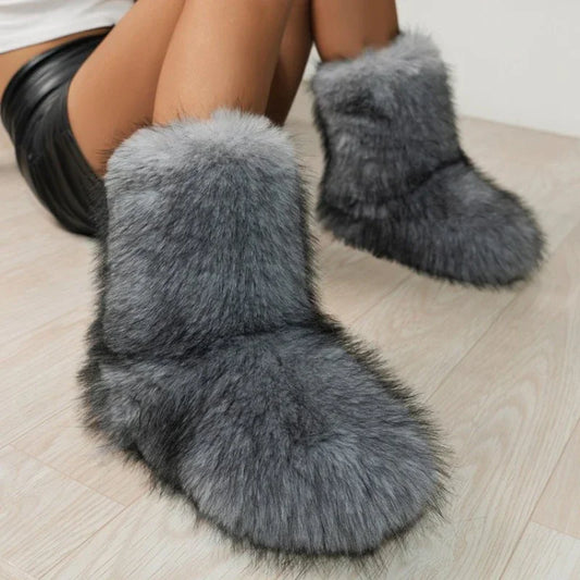Winter Fuzzy Boots Furry Shoes Fluffy Fur Snow Boots Plush Lining Slip-on Rubber Flat Outdoor Bowtie Warm Ladies Footwear