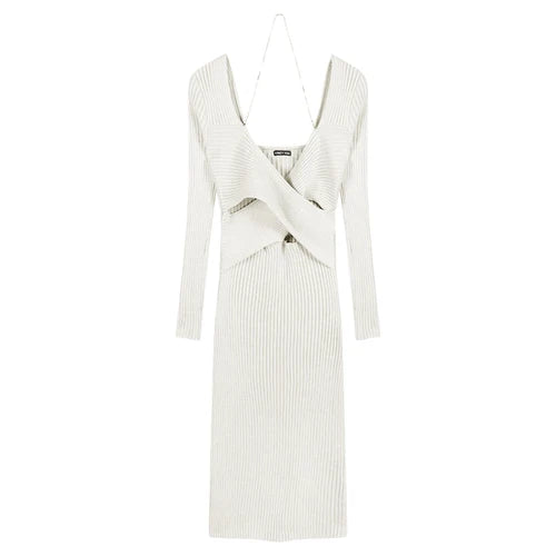 Elegant V-Neck Solid Y2K Designer Knitted Maxi Dress