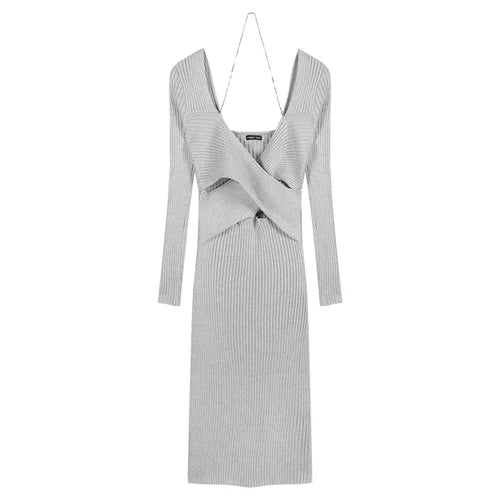 Elegant V-Neck Solid Y2K Designer Knitted Maxi Dress