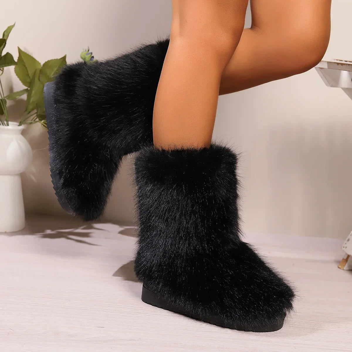 Winter Fluffy Faux Fox Fur Boots Woman Plush Warm Snow Boots Luxury Footwear Girls Furry Fur Bottes Fashion Winter Shoe