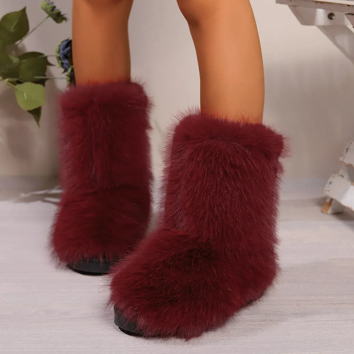 Winter Fluffy Faux Fox Fur Boots Woman Plush Warm Snow Boots Luxury Footwear Girls Furry Fur Bottes Fashion Winter Shoe