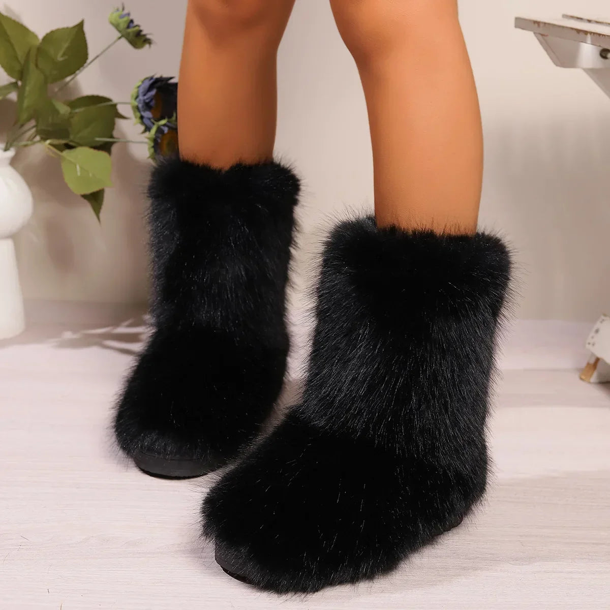 Winter Fluffy Faux Fox Fur Boots Woman Plush Warm Snow Boots Luxury Footwear Girls Furry Fur Bottes Fashion Winter Shoe