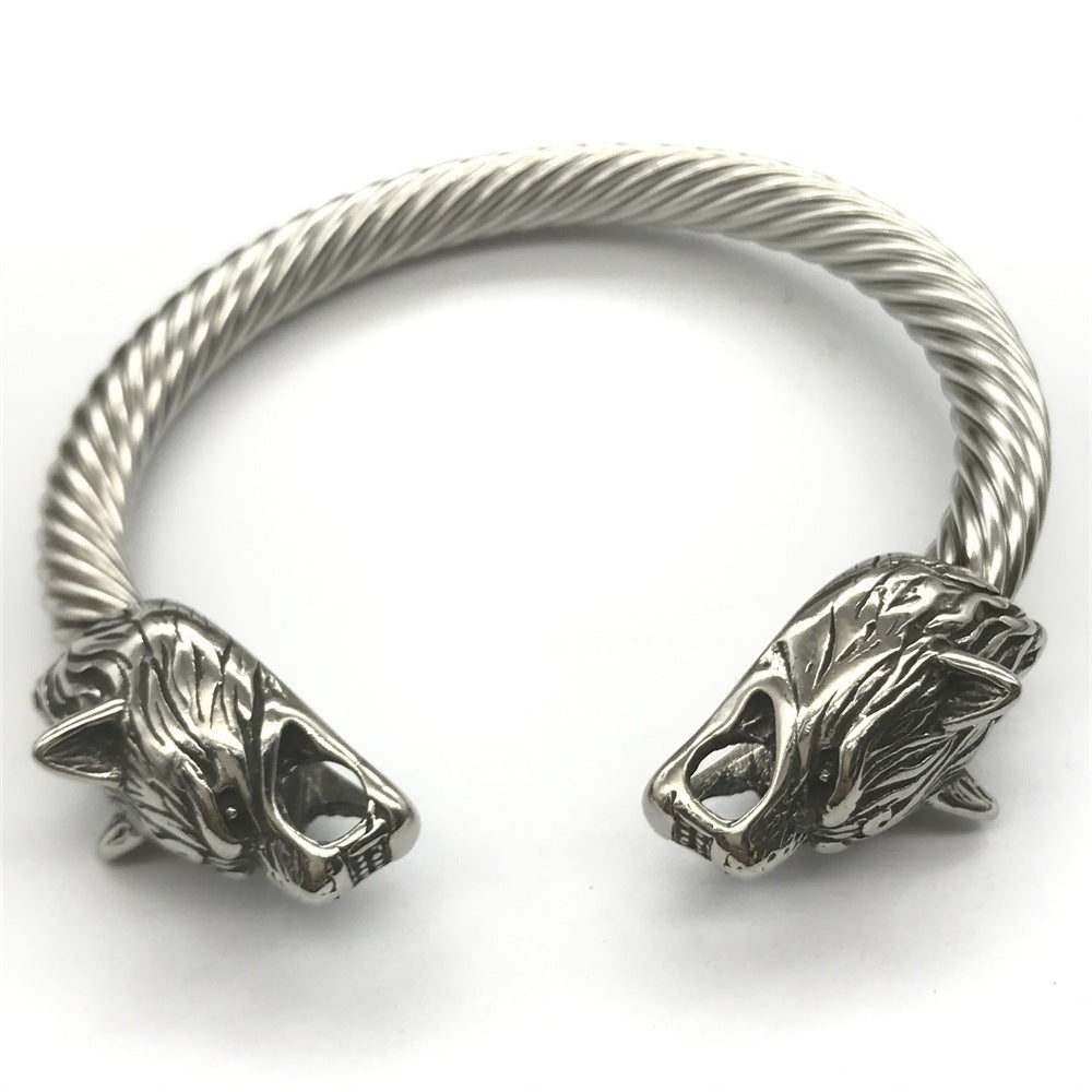 Wolf Head Steel Wire Rope Cuff Bracelet