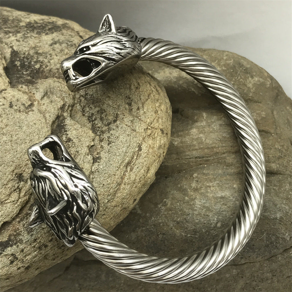 Wolf Head Steel Wire Rope Cuff Bracelet