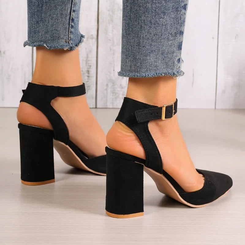 Women's Pointed Toe Highs Trend Summer New Fashion Suede Chunky Shal Shoes Low Heel Pumps