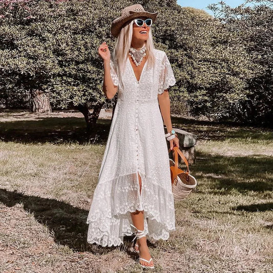 Bohemian Spaghetti Strap Floral Lace Beach Maxi Dress