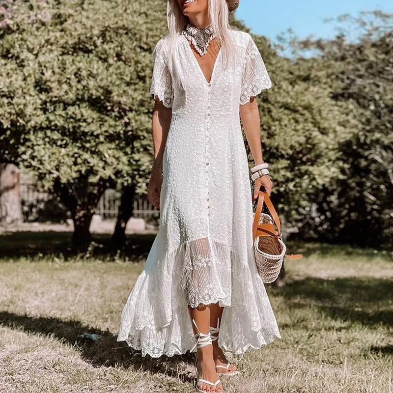 Bohemian Spaghetti Strap Floral Lace Beach Maxi Dress