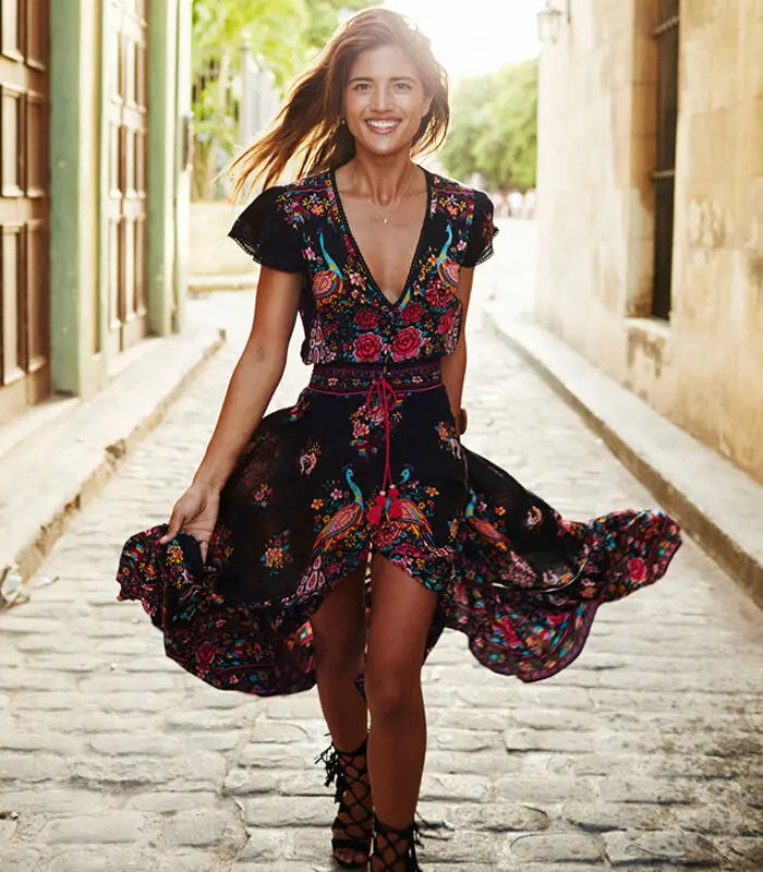 Summer Beach Party Sundress: Women's Boho Floral Evening Dress