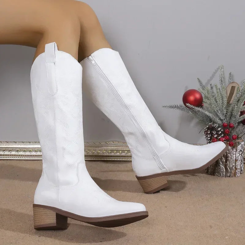 Chelsea Cowboy Zipper Chunky Heels Winter Fashion Knee High Boots