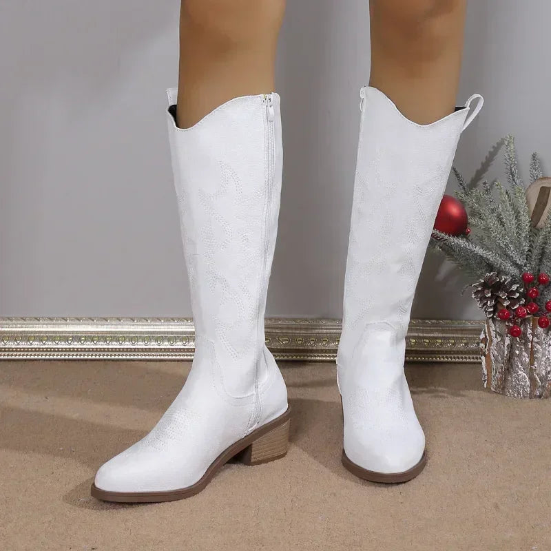 Chelsea Cowboy Zipper Chunky Heels Winter Fashion Knee High Boots