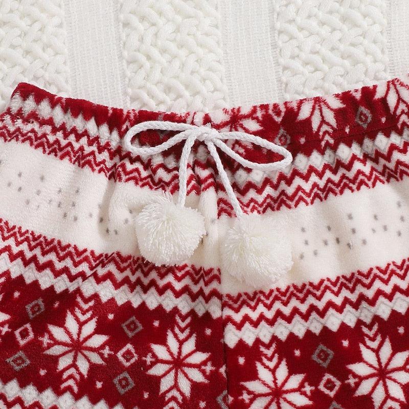 Christmas Flannel Pajamas Set Long Sleeve Crop Top Shorts 2Pcs Sleepwear