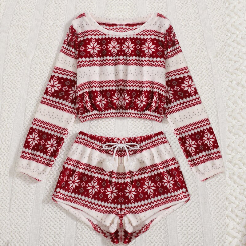 Christmas Flannel Pajamas Set Long Sleeve Crop Top Shorts 2Pcs Sleepwear
