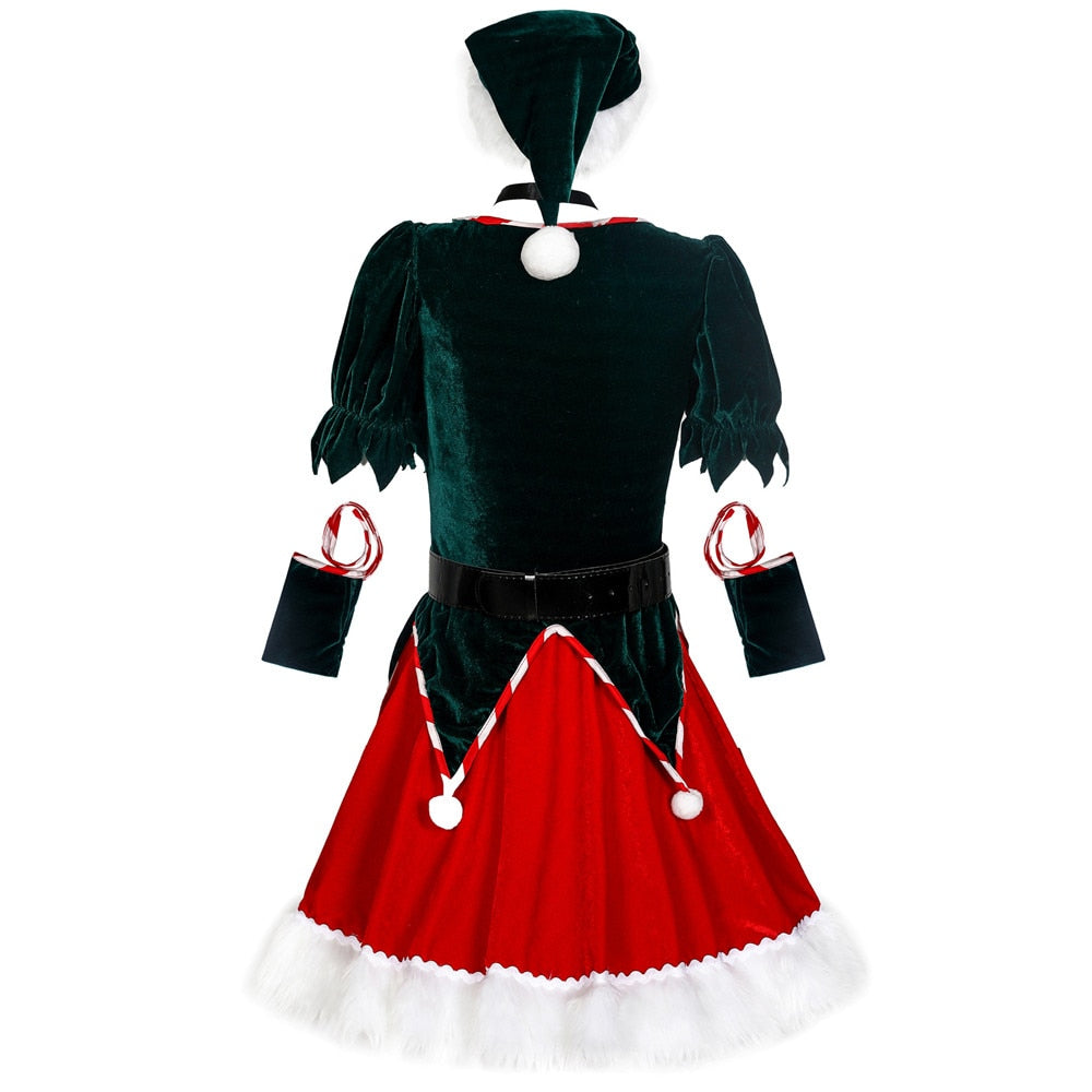 Christmas Santa Claus Costume Funny Green Elf Cosplay 5Pcs Set