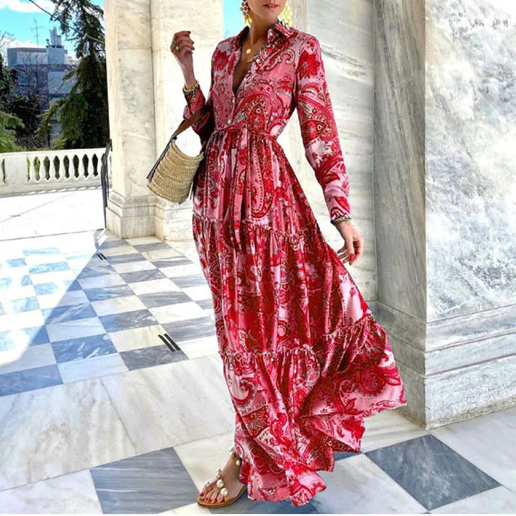Spring V-Neck Floral Printed Bohemian Women's Dress