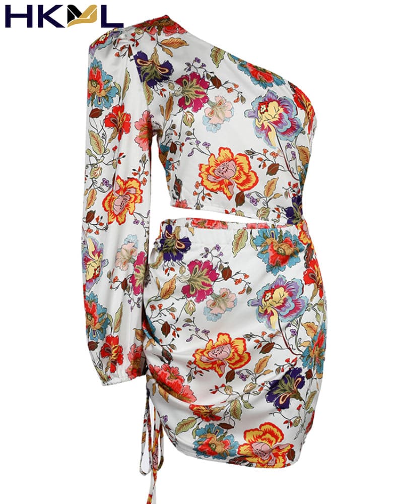 Fashion Floral Print Cutout Lantern Long Sleeve Dress