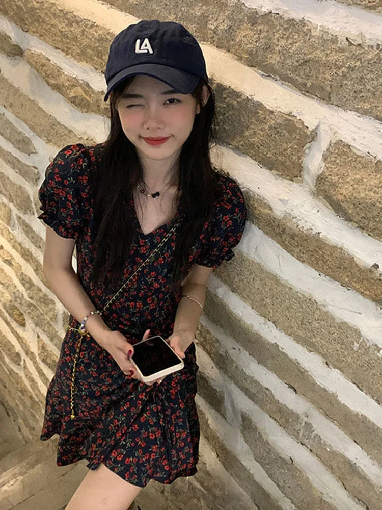 Summer Y2k Harajuku Vintage Short Sleeve Beach Mini Floral Dress