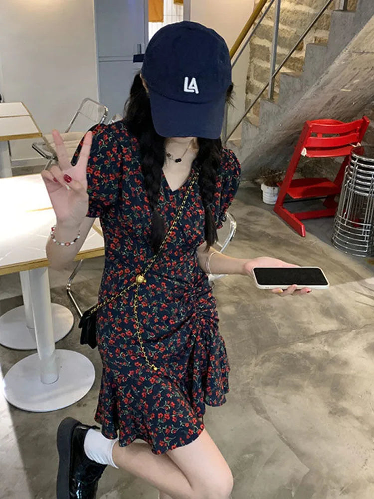 Summer Y2k Harajuku Vintage Short Sleeve Beach Mini Floral Dress