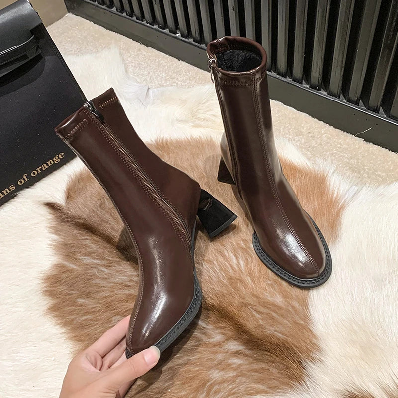 Elegant High Heels Chelsea  Chunky Square Toe Ankle Boot