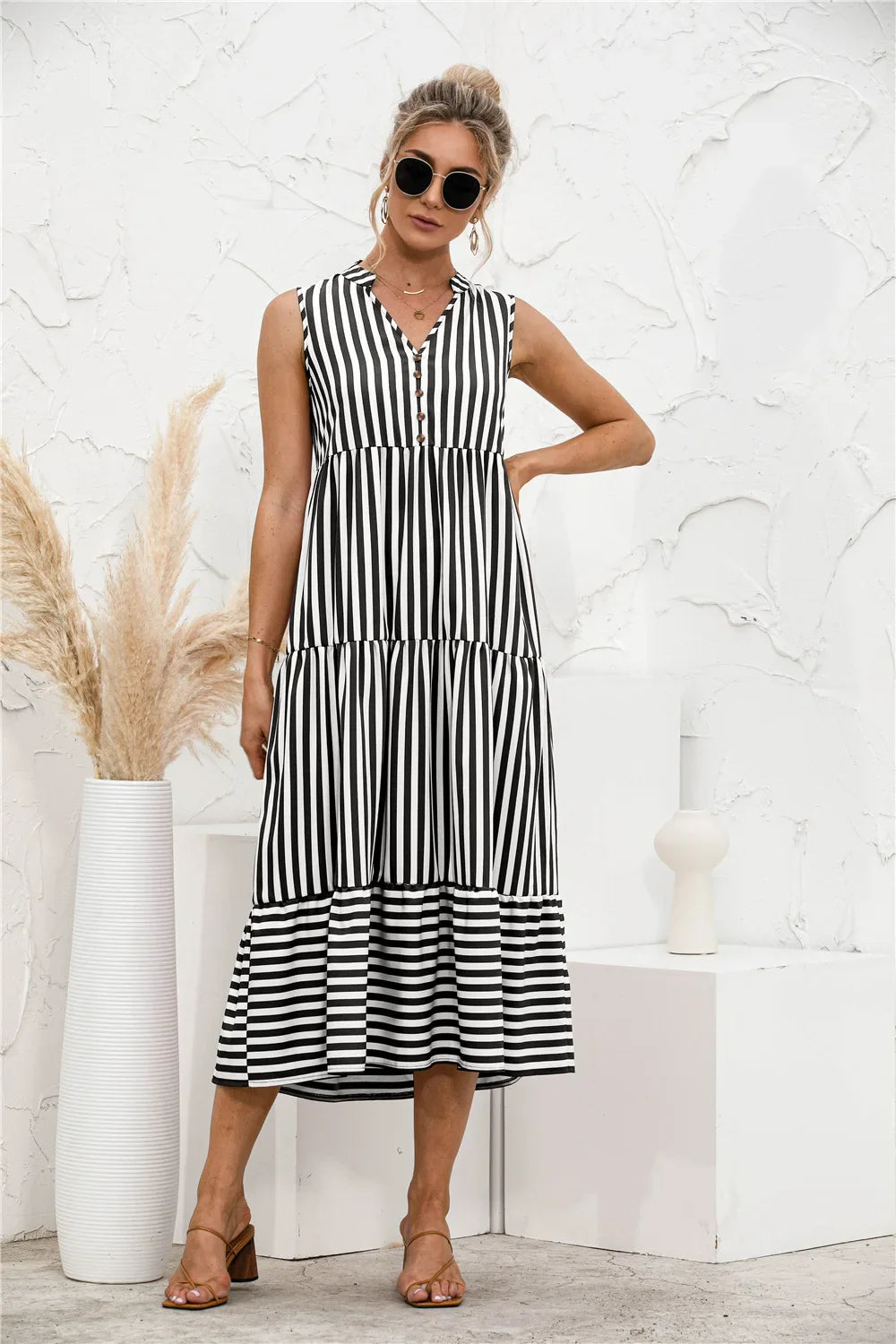 Elegant Striped V-Neck Lantern Sleeve Boho Dress