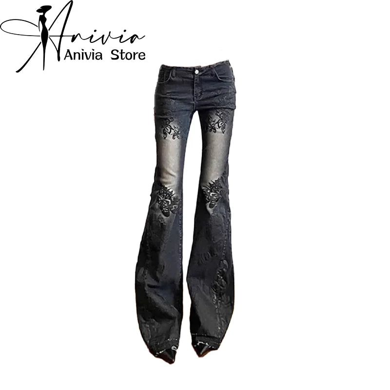 Gothic Y2K Flare Jeans 90s Aesthetic Low Waist Pants