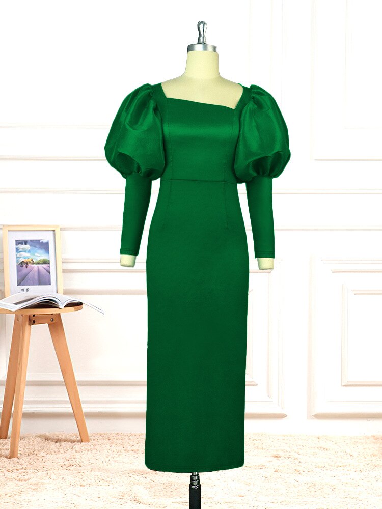 Green Long Dresses Square Collar Lantern Sleeve Evening Party Gowns