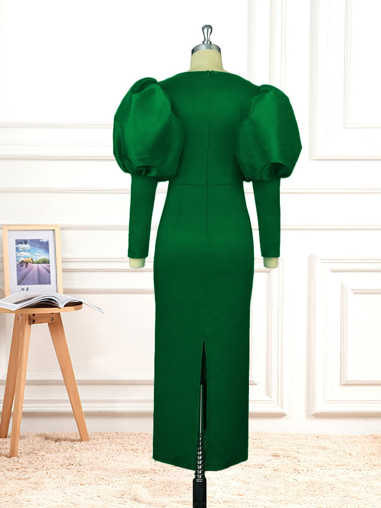 Green Long Dresses Square Collar Lantern Sleeve Evening Party Gowns