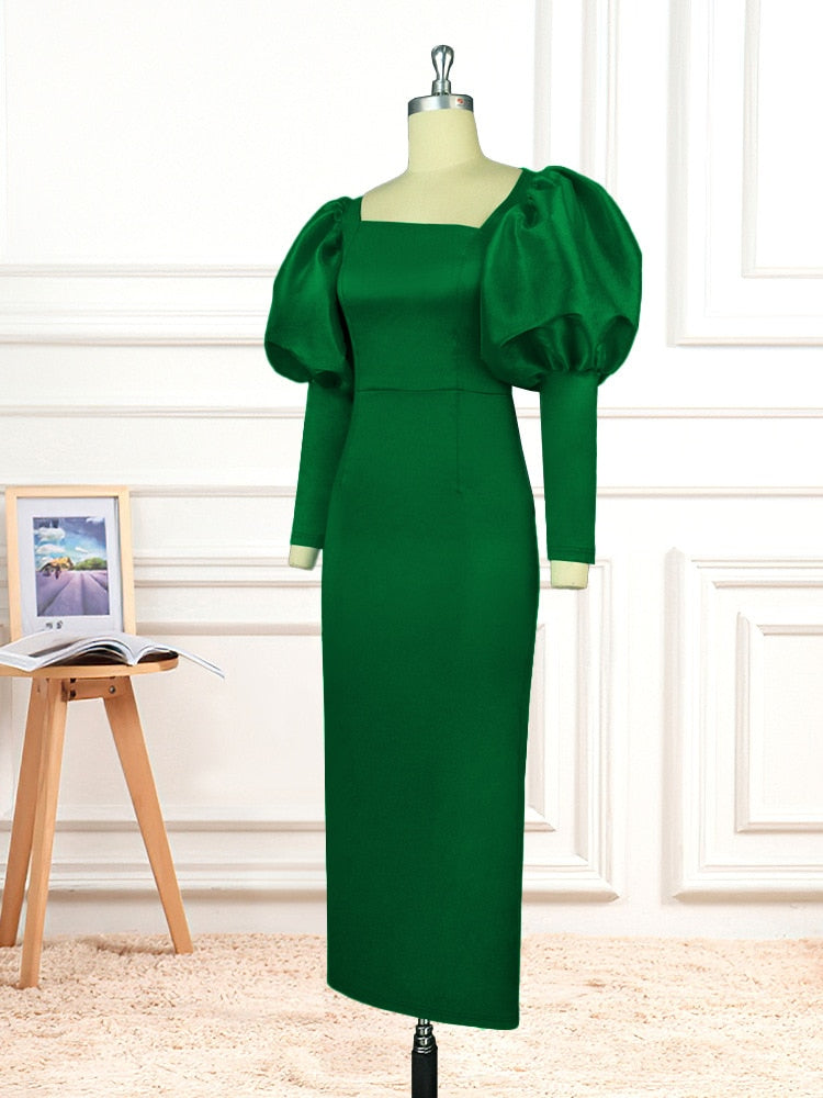 Green Long Dresses Square Collar Lantern Sleeve Evening Party Gowns