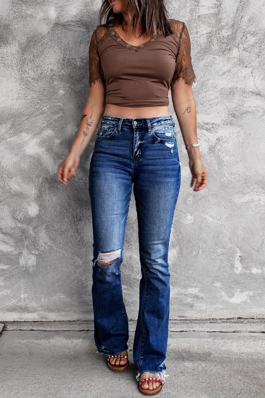 Holes Ripped Tassel Flare Jeans High Waist Denim Ladies Vintage Stretch Slim Jeans