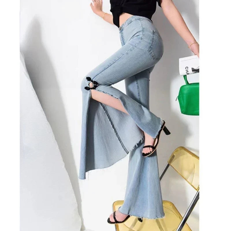 Spring New Fashion Solid Vintage Full Length Flare Women's Jeans
