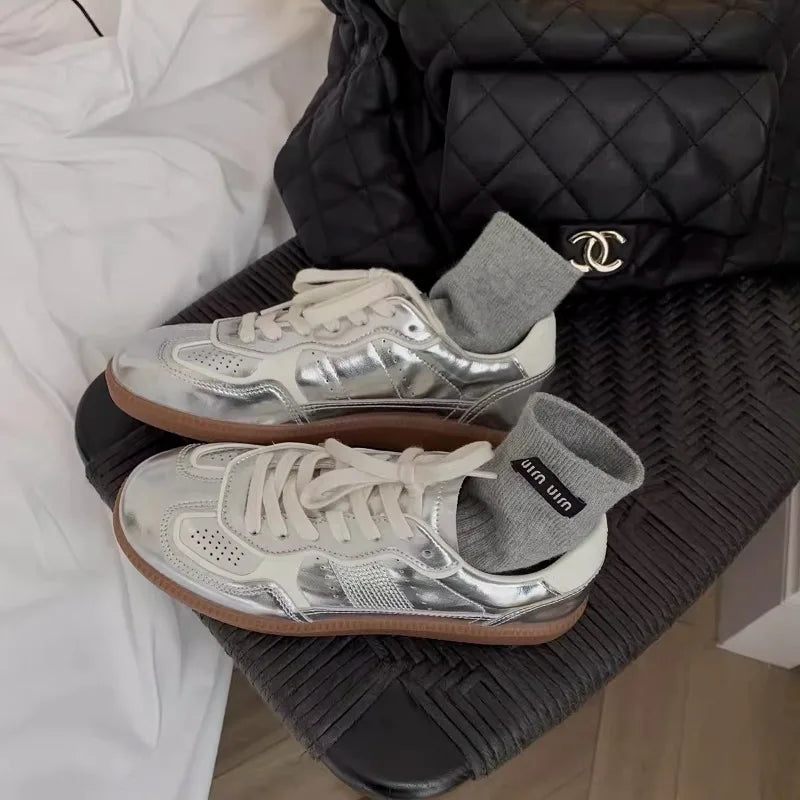 Jogging Casual Flats Metallic Silver Lace Up Tennis Breathable Skateboard
