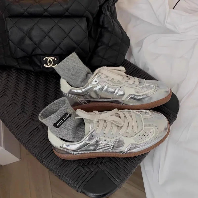 Jogging Casual Flats Metallic Silver Lace Up Tennis Breathable Skateboard