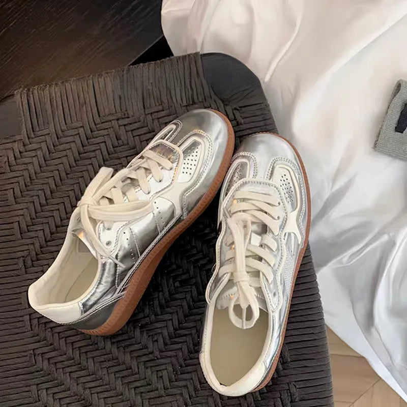 Jogging Casual Flats Metallic Silver Lace Up Tennis Breathable Skateboard