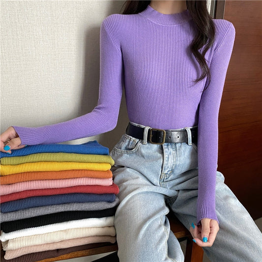 Knitted Half Turtleneck Full Sleeve Basic Tops