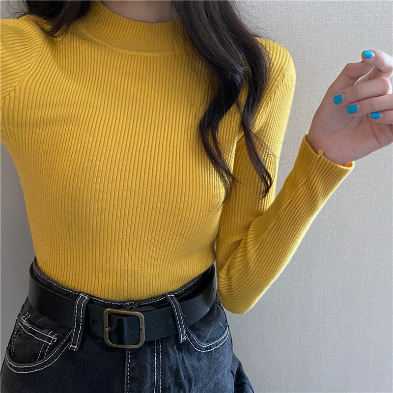 Knitted Half Turtleneck Full Sleeve Basic Tops